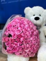 Комбо: букет из 101 розы, 50см с плюшевым медвежонком, розовый