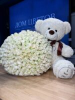 Комбо: букет из 201 розы с плюшевым медвежонком, белый