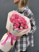 букет из кустовых пионовидных роз, 9шт розовых, 40см — изображение 3